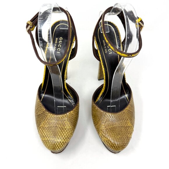 Gucci Python Platform Pumps Yellow Python Heels 38 Ankle Strap Designer - Picture 2 of 10